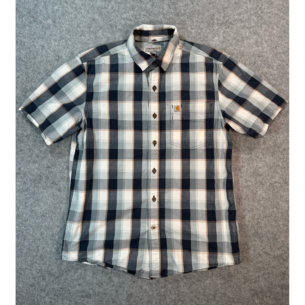 Carhartt Mens Relaxed Fit Short Sleeve Plaid Button Down Shirt Blue White M - Picture 2 of 7